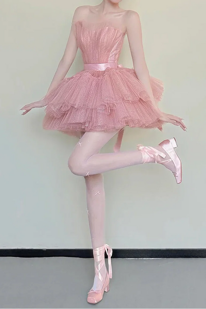 Charming Homecoming Dress Strapless Tulle Lace Short Prom Dress Back to School Outfits Party Dress  D6033