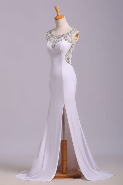 White Mermaid Sleeveless Split Prom Dress with Sequins, Sweep Train Dress with Rhinestones M1511