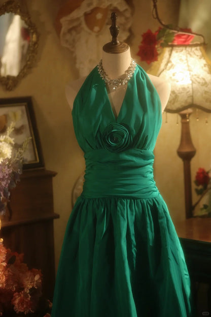 Charming Homecoming Dress Halter Pleated Flower Dress Back to School Outfits Party Dress  D6402