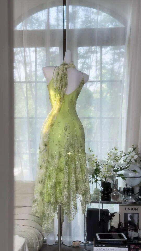 Stunning Mermaid Spaghetti Strap Beaded Green Chiffon Prom Dress Evening Dress SH3210
