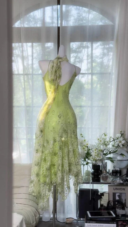 Stunning Mermaid Spaghetti Strap Beaded Green Chiffon Prom Dress Evening Dress SH3210