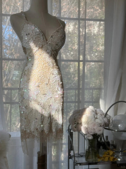 Vintage Beige Sequin Beading Appliques Spaghetti Strap A-line V-neck Party Dresses Homecoming Dresses, D1331