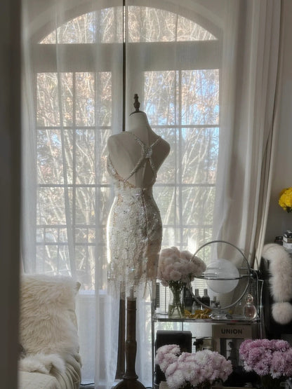 Vintage Beige Sequin Beading Appliques Spaghetti Strap A-line V-neck Party Dresses Homecoming Dresses, D1331