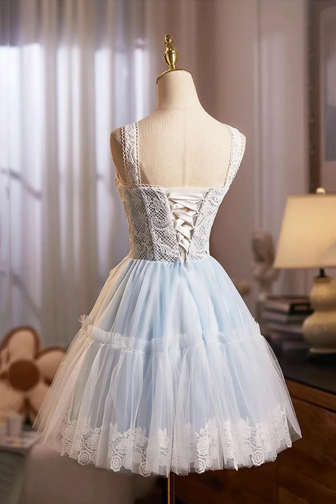 Lovely Homecoming Dress Square Tulle Lace  Short Prom Dress Cocktail Outfits Birthday Party Dress  D6023