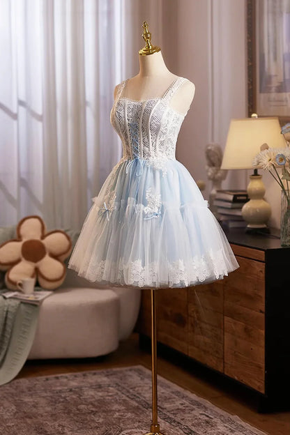Lovely Homecoming Dress Square Tulle Lace  Short Prom Dress Cocktail Outfits Birthday Party Dress  D6023