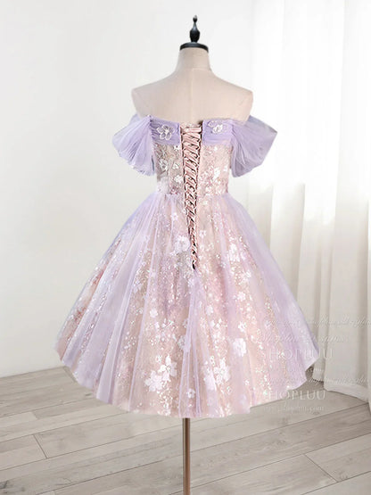 Vintage Light Purple Applique Floral Beaded Off-the-shoulder Design A-line Tulle Party Dress Homecoming Dress D1542