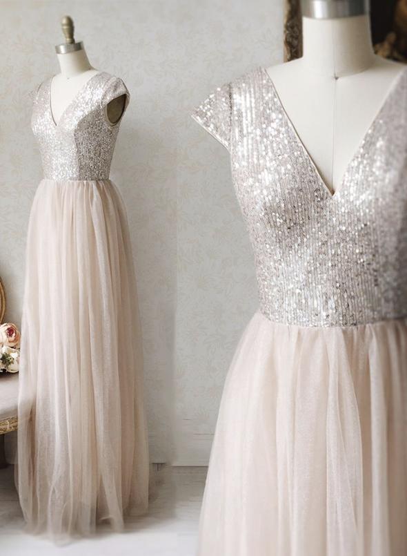 A line v neck tulle sequins long prom dress evening dress M2298