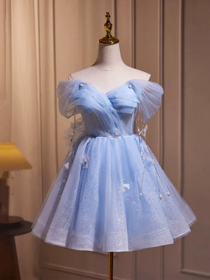 Beauty Homecoming Dress Off Shoulder Tulle Tassel Short Prom Dress Birthday Party Outfits Cocktail Dress  D6029