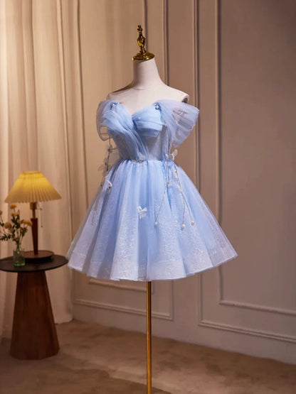 Beauty Homecoming Dress Off Shoulder Tulle Tassel Short Prom Dress Birthday Party Outfits Cocktail Dress  D6029