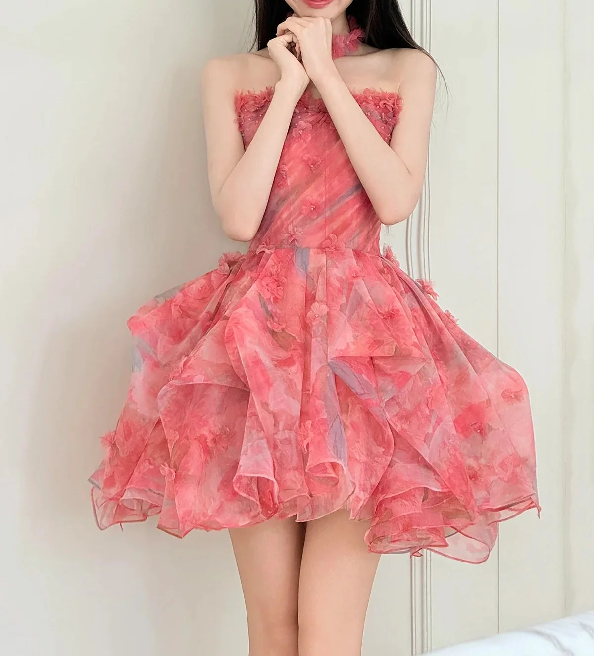 Charming Homecoming Dress Strapless Floral Tulle Short  Pleated Short Prom Dress Back to School Outfits Party Dress  D6016