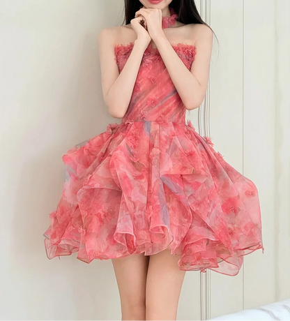 Charming Homecoming Dress Strapless Floral Tulle Short  Pleated Short Prom Dress Back to School Outfits Party Dress  D6016